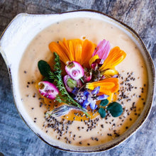 Load image into Gallery viewer, vegan coconut yoghurt smoothie bowl with edible flowers
